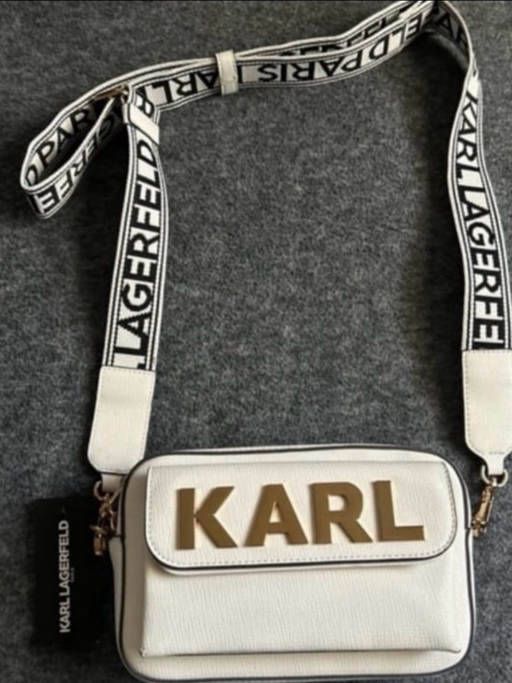 Karl Lagerfeld White Crossbody Bag with Gold KARL Logo and Branded Strap (NWT)